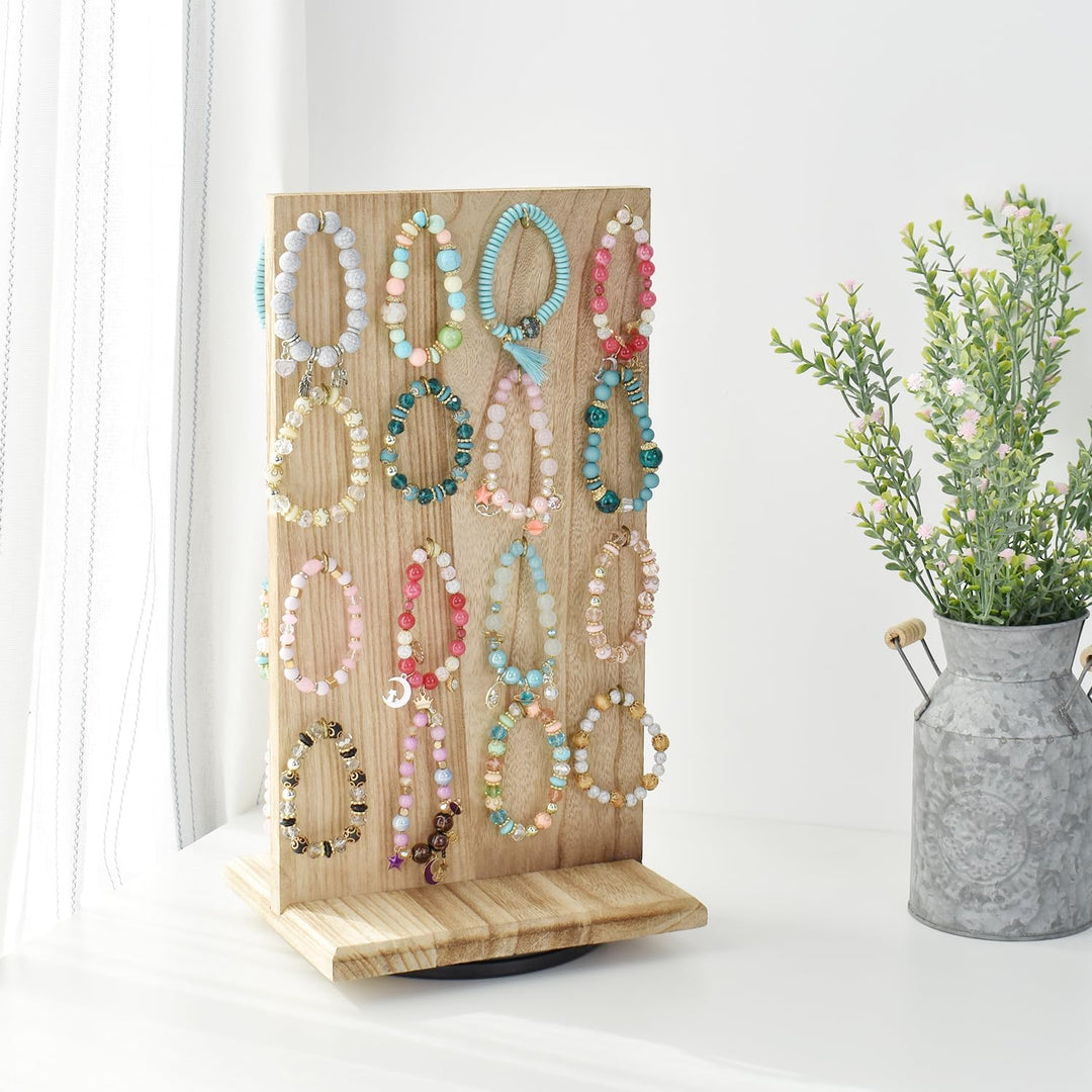Ikee Design Drehbarer zweiseitiger Schmuckständer aus Holz, drehbarer Organizer mit 32 Haken zur Auf