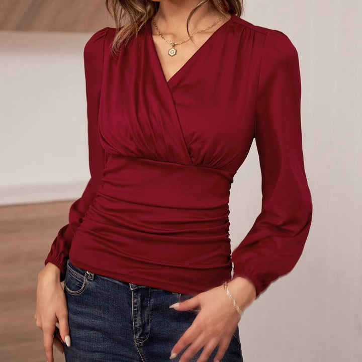 GRACE KARIN Damen V-Ausschnitt Bluse Elegant Wickelbluse Laterne Langarm Slim Fit Plissee-Top Tunika
