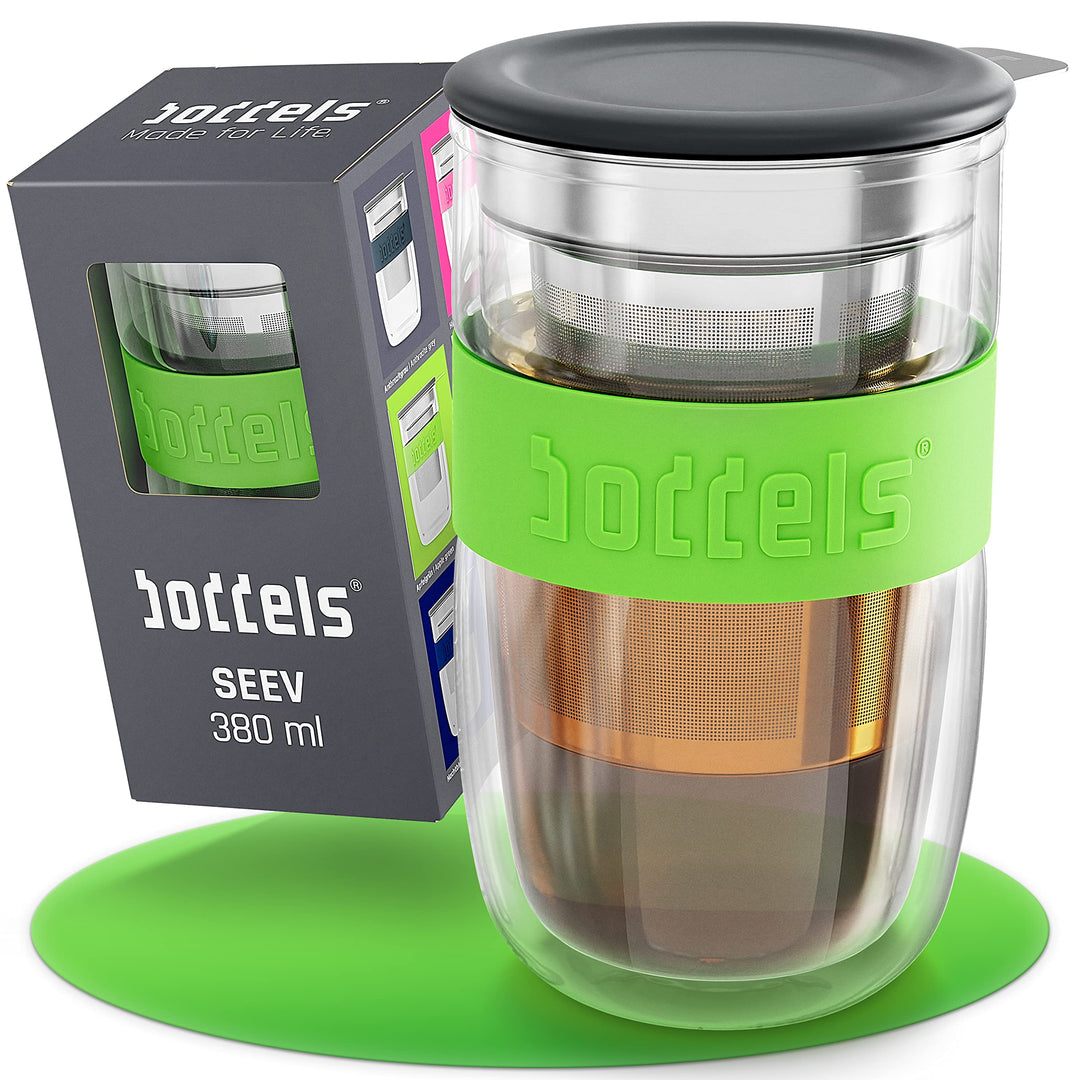 Glasbecher 380ml – mit Sieb Doppelwandig Teetasse mit Edelstahl-Sieb Keramik-Deckel spülmaschinengee