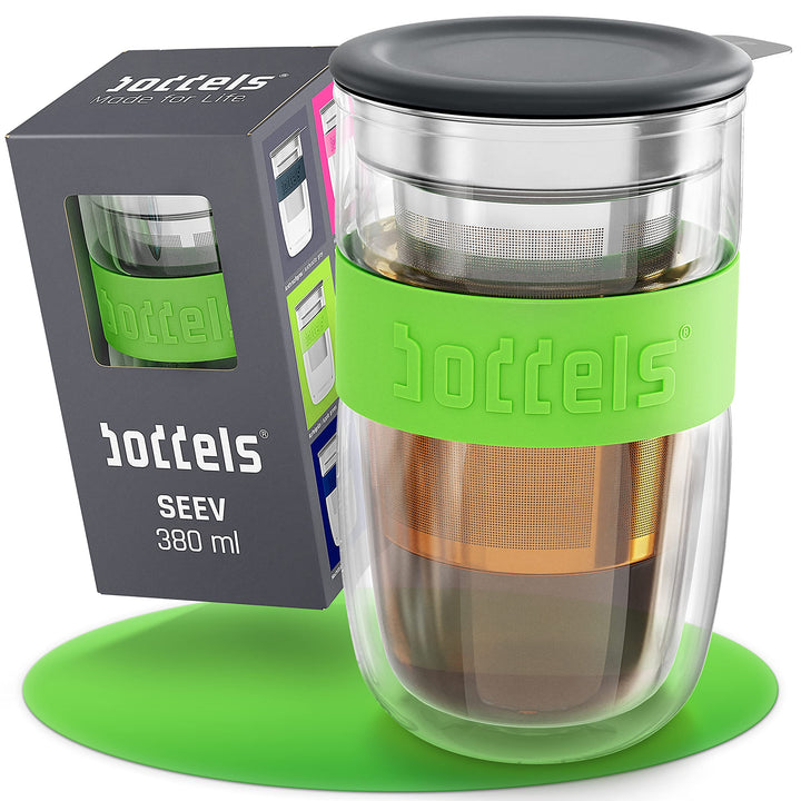 Glasbecher 380ml – mit Sieb Doppelwandig Teetasse mit Edelstahl-Sieb Keramik-Deckel spülmaschinengee