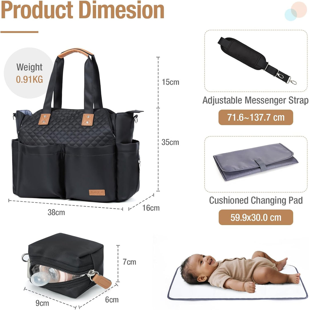 Lekebaby Baby Wickeltasche Bote gross mit Wickelunterlage für Reise Schwarz Gesteppt Schwarz Gestepp