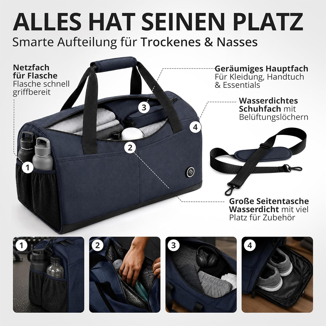 Sporttasche Herren Trainingstasche Damen + Schuhfach Nassfach | 40/60L mit Rucksack-Funktion, 30/50L