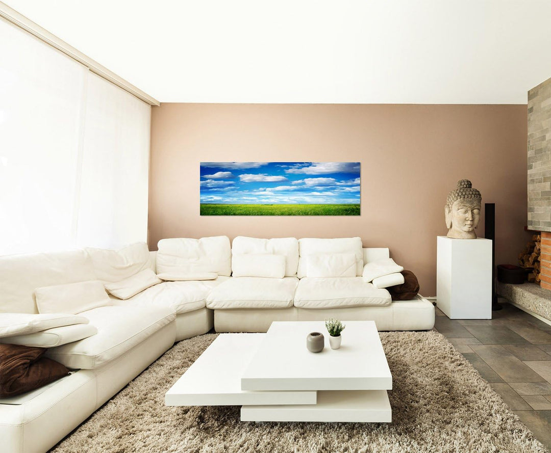 Paul Sinus Art Panoramabild auf Leinwand und Keilrahmen 150x50cm Feld Wiese Sommer Himmel Wolken