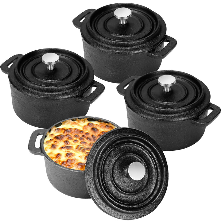 4er Set Mini Gusseisentopf 250 ml, Cocotte mit Deckel für Tapas & Dips | Kleine Auflaufform aus mass