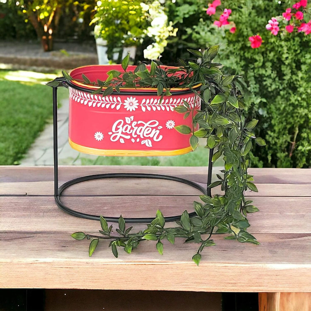 DanDiBo Blumenhocker mit Topf Metall Stehend Rot Oval 24 cm Blumenständer 96526 S Blumensäule Modern