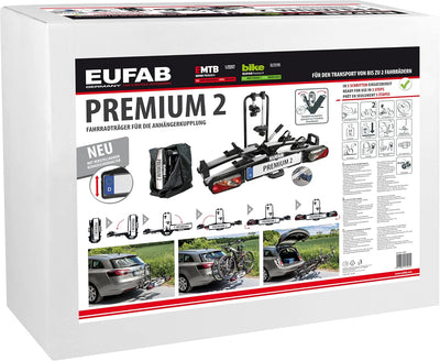 EUFAB 11521 Fahrradträger PREMIUM 2, E-Bike geeignet, komplett vormontiert, Diebstahlschutz, für 2 F