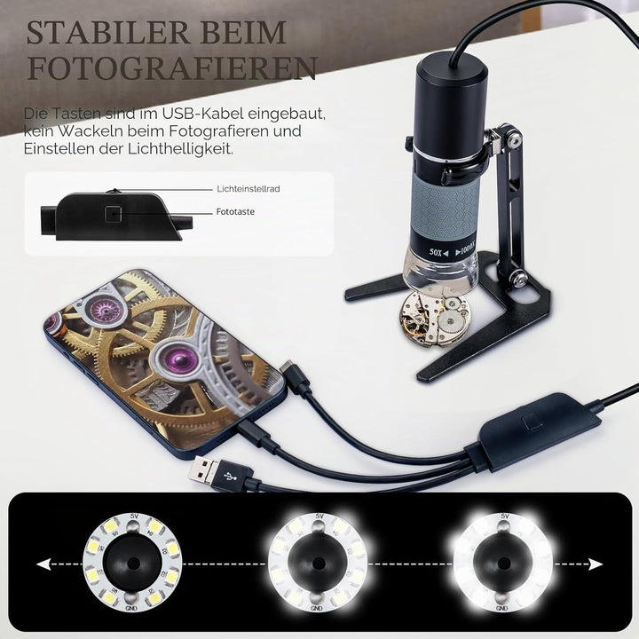 1080P USB-Mikroskop mit Metallständer, 50X-1000X Handheld Digital Mikroskop Kamera Kompatibel mit iP