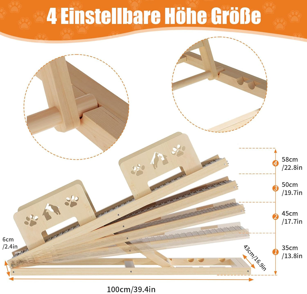Hunderampe 100cm, 4-stufige Höhenverstellbare von 35CM bis 58CM Hunderampe Bett Rampe Hund aus Holz