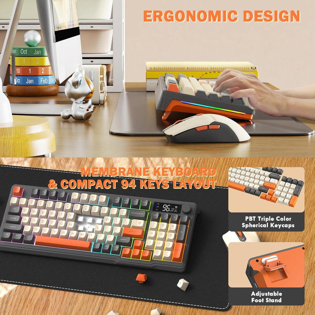 FREEWOLF T96 Kabellose Tastatur und Maus, Bluetooth & 2.4G, PBT-Tastenkappen, Medienrad, Display, Le