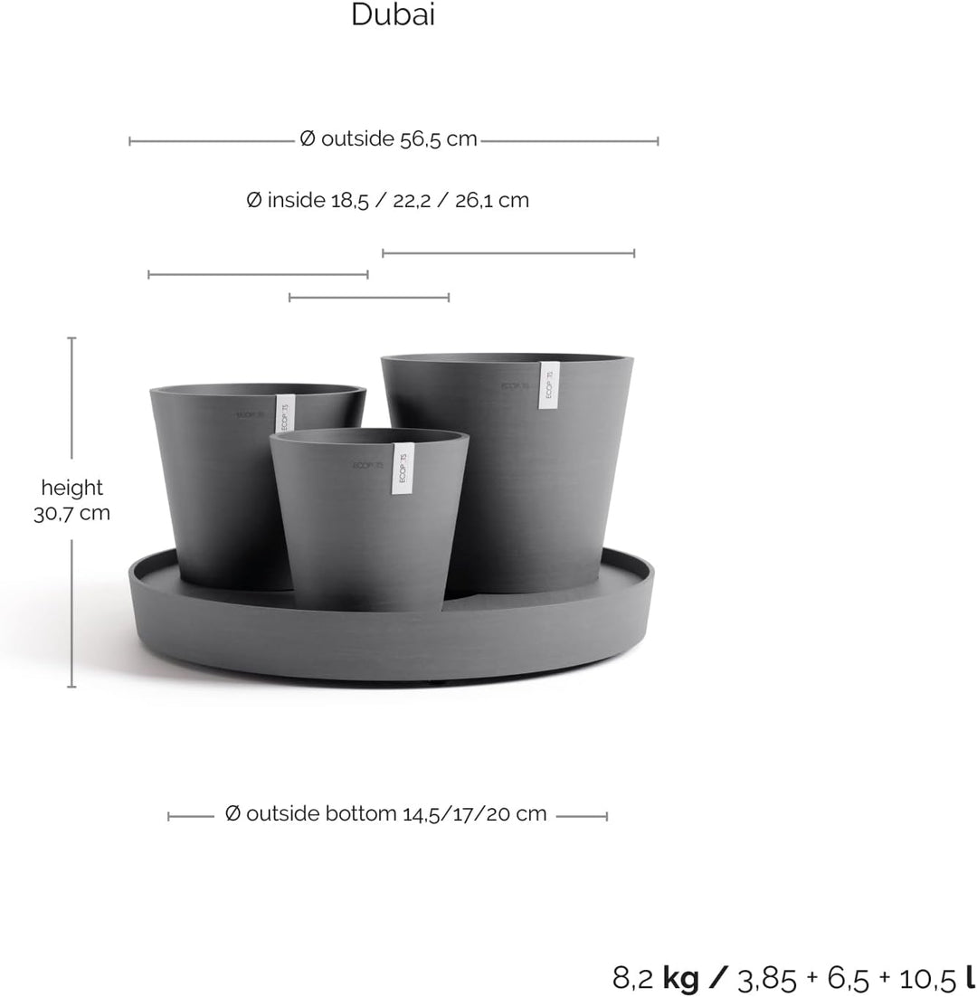 ECOPOTS Blumentopf Set Dubai - grau - 3 Blumentöpfe + rollbarer Untersetzer ø 56 cm - Pflanzentopf a