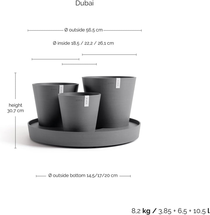 ECOPOTS Blumentopf Set Dubai - grau - 3 Blumentöpfe + rollbarer Untersetzer ø 56 cm - Pflanzentopf a
