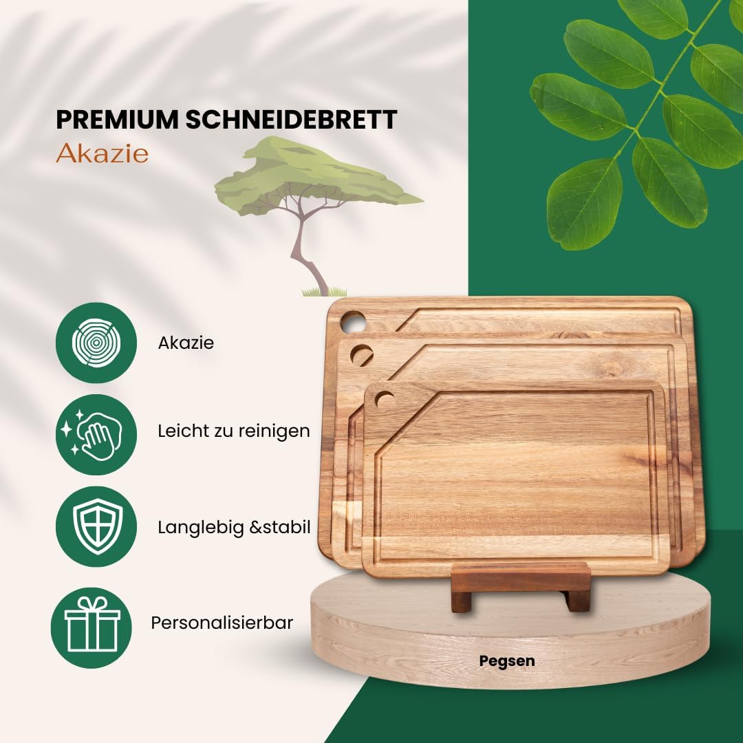 Hochwertiges 3er Schneidebrett Set - PERSONALISIERBAR - Küchenbrett mit Saftrille aus Holz mit prakt