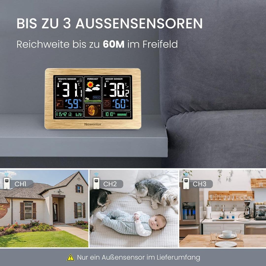 Newentor Wetterstation Funk mit Aussensensor - Funkwetterstation mit Wettervorhersage, Temperaturwar