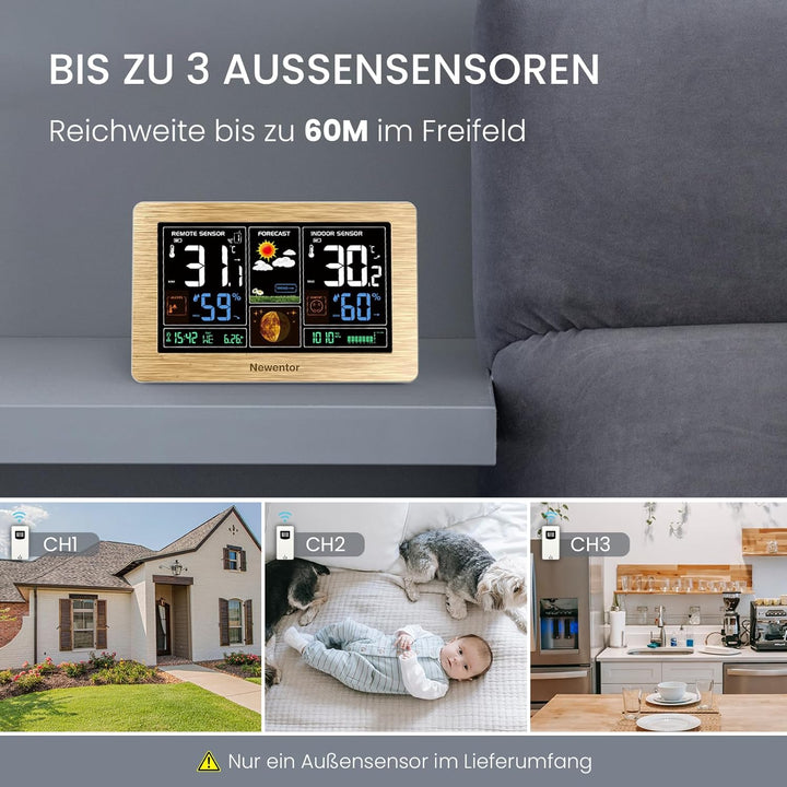 Newentor Wetterstation Funk mit Aussensensor - Funkwetterstation mit Wettervorhersage, Temperaturwar