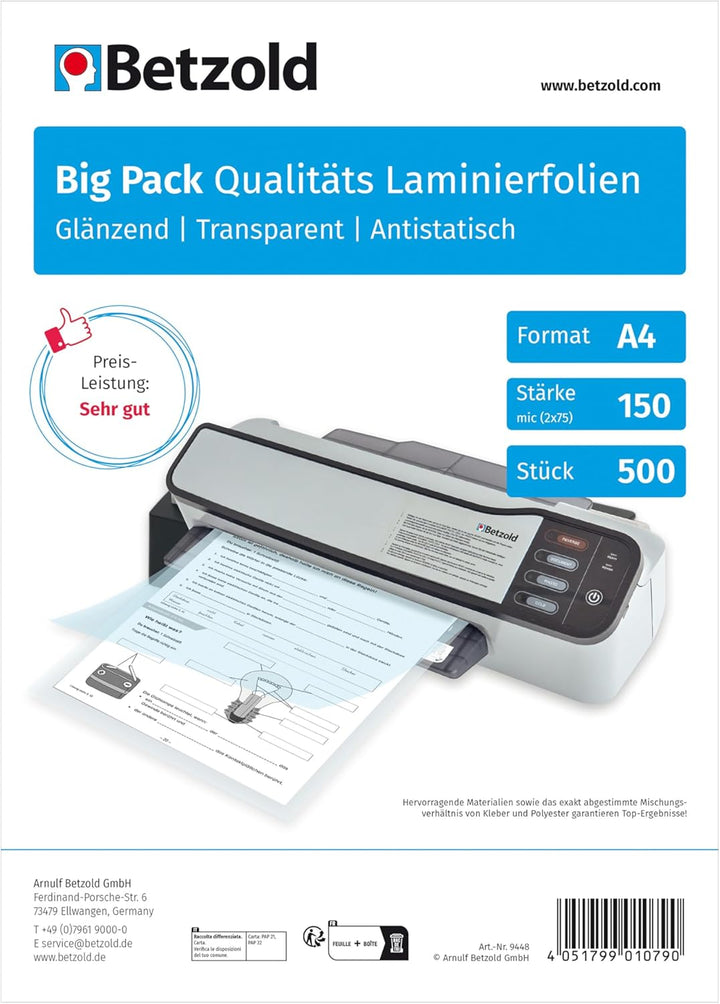 Betzold - Laminier-Folien A4 500 Stück Big-Pack 150 mic glänzend - Laminieren Kunststoff, Kunststoff