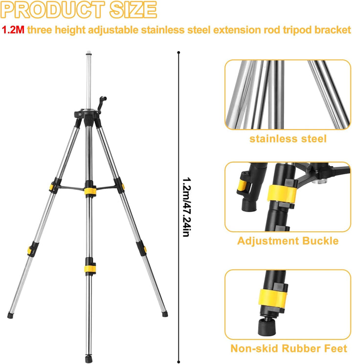 Laser-Stativ mit Höhenverstellung, 120 cm, 5/8" und 1/4" Gewinde, Edelstahl-Verlängerungsstangen 2 F