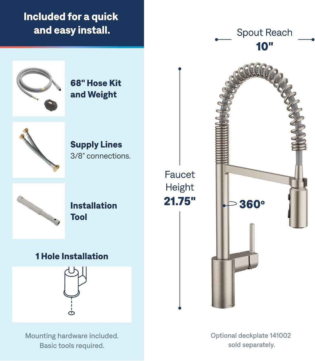 Moen 5923SRS Ausrichten Einhebel-Vorspülfeder-Küchenarmatur mit Power-Boost, Fleckenresistent, Stand