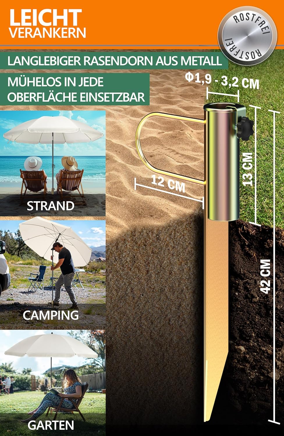 4smile SunnyJoy 3-IN-1 Set mit Sonnenschirm Strand in Beige - Strandschirm windfest stabil 180 cm mi