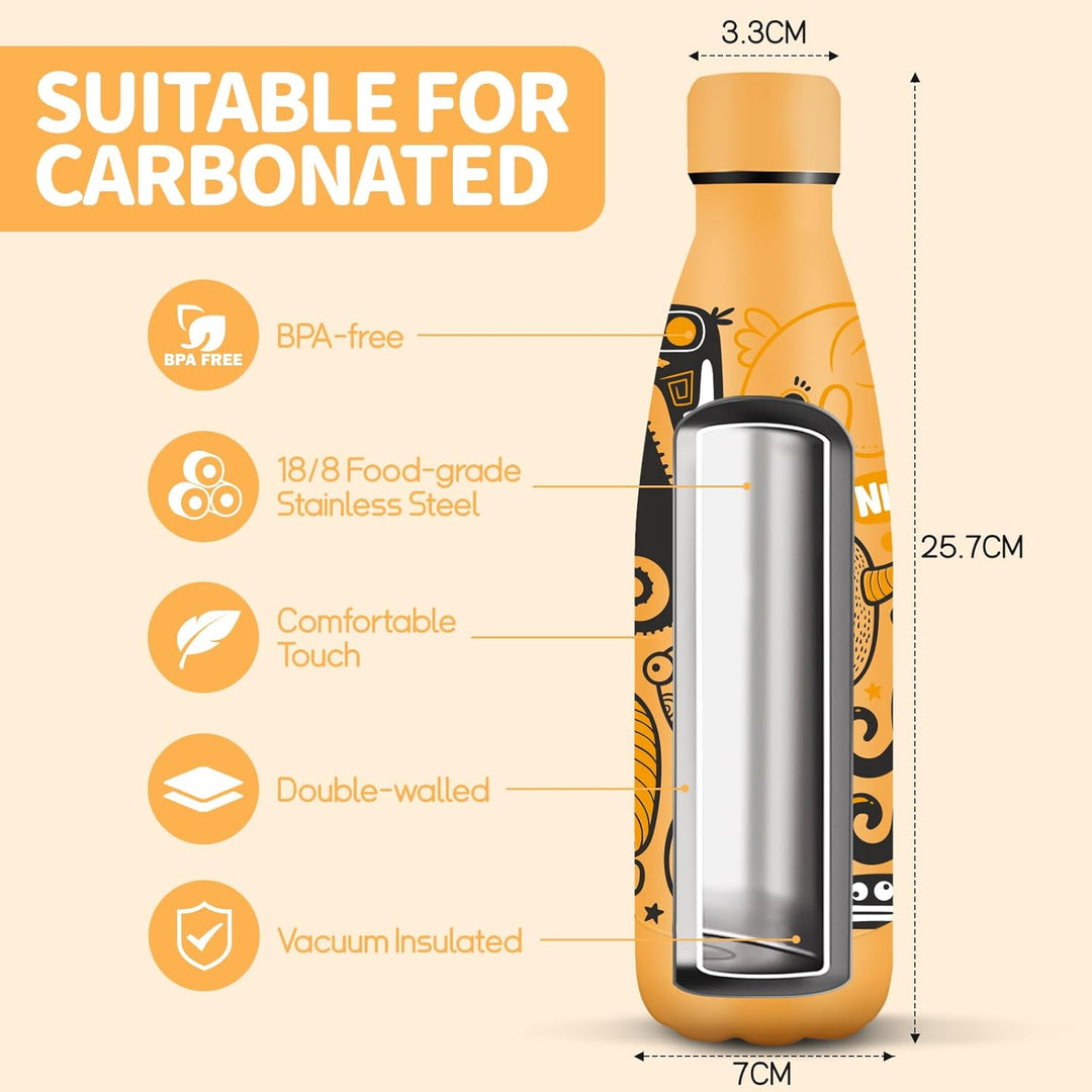 HoneyHolly Trinkflasche Edelstahl, 500ml BPA-frei, Thermosflasche, 18/8 Edelstahl, Wasserflasche Kin