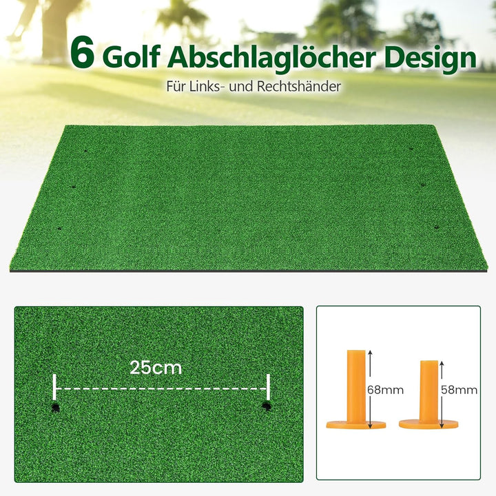 GYMAX Golf Abschlagmatte, Golf Übungsmatte mit 2 Gummi-Tees, 2 Ausrichtungsstäben & 6 Abschlagpositi