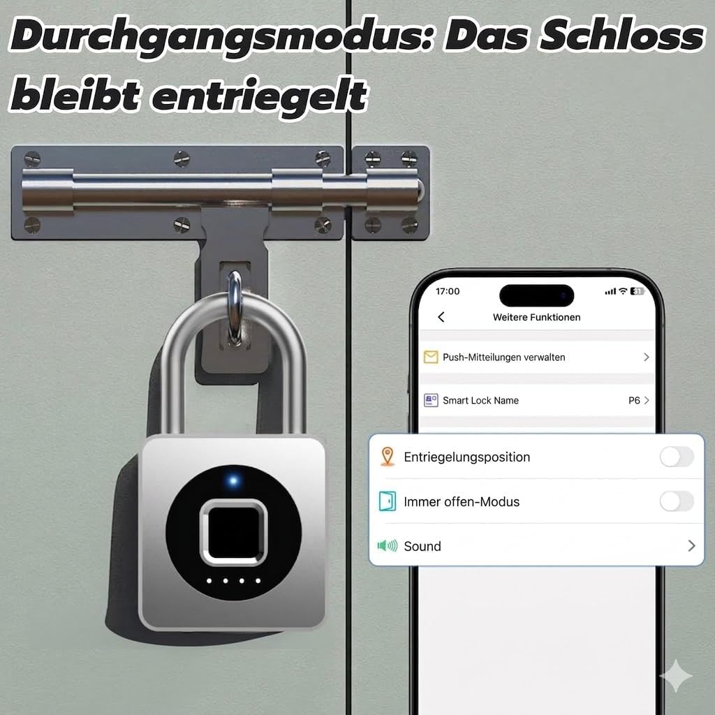 Smart Fingerabdruck Vorhängeschloss für Spinde, mit Bluetooth-App, IP65 wasserdicht, schlüsselloses