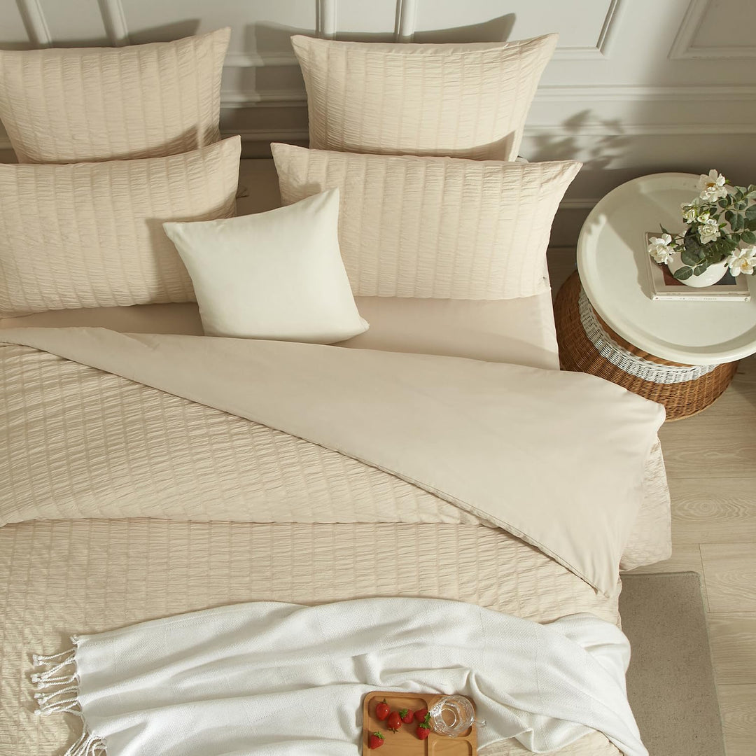 Seersucker Bettwäsche 135 x 200 Beige Khaki Sommer Uni Wende Gestreifte Sommerbettwäsche Microfaser