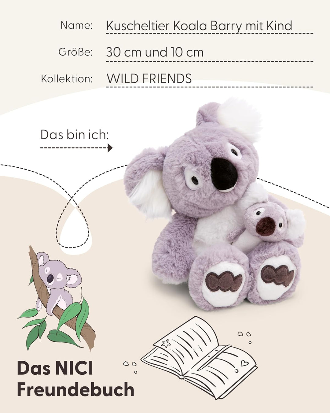 NICI Kuscheltier Koala Barry 30cm mit Koalababy 10cm - grau - Stofftier aus weichem Plüsch, niedlich