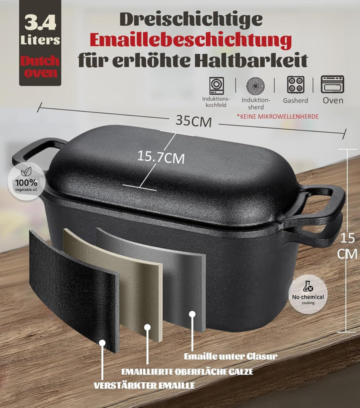 Gusseisen Brotbacktopf mit Deckel & Gärkorb – Dutch Oven für Sauerteigbrot – 4,6L Brotform mit Banne