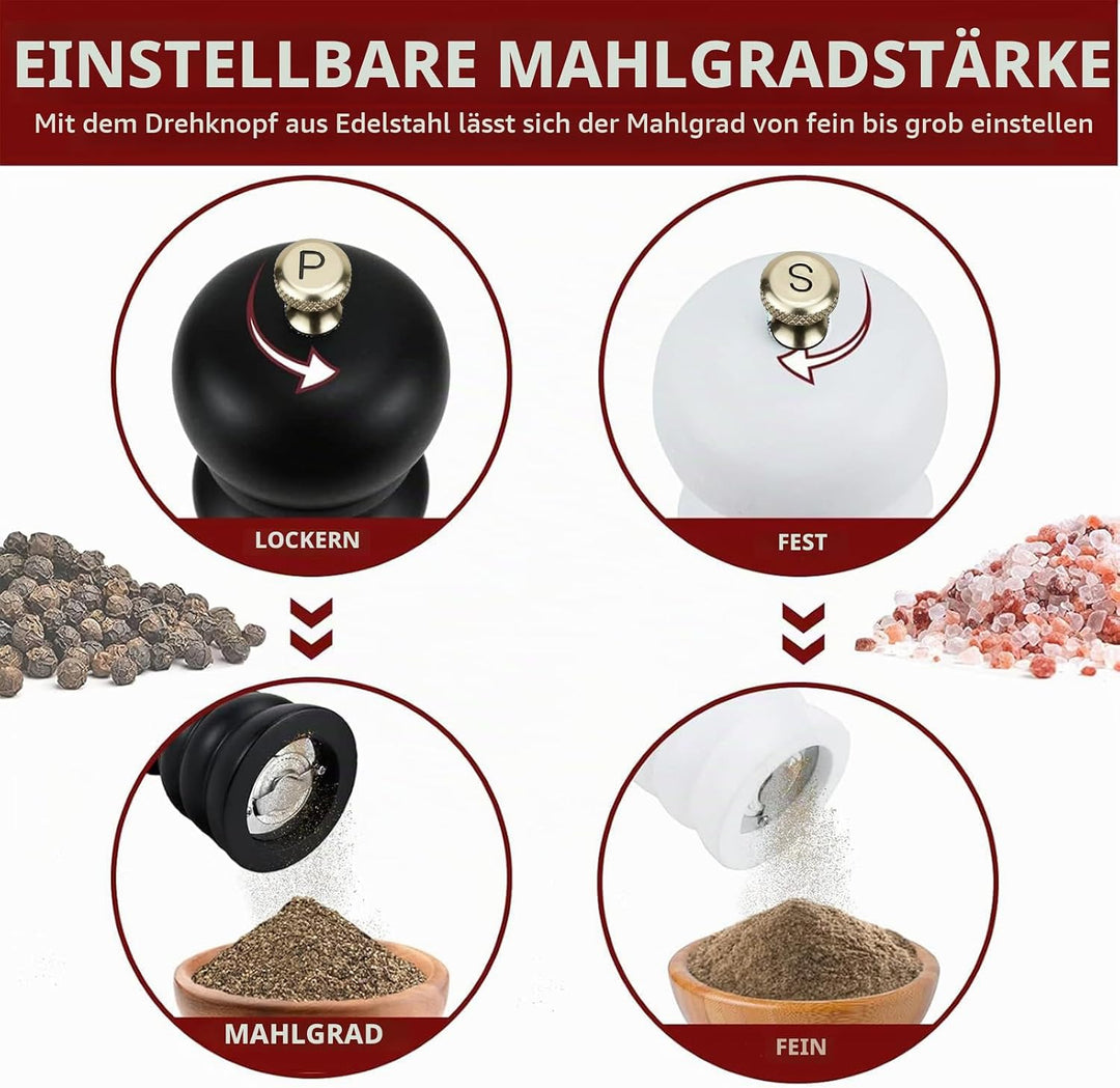 Salz und Pfeffermühle 2er Set - Gewürzmühle Gross mit Verstellbarem Keramikmahlwerk | Pfeffermühlen