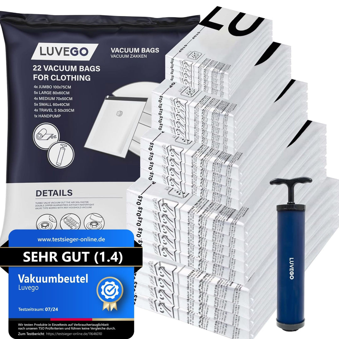 Luvego Vakuumierbeutel für Kleidung und Bettdecken mit Handpumpe - 22Stück, 4xJumbo, 5xLarge, 4x Med