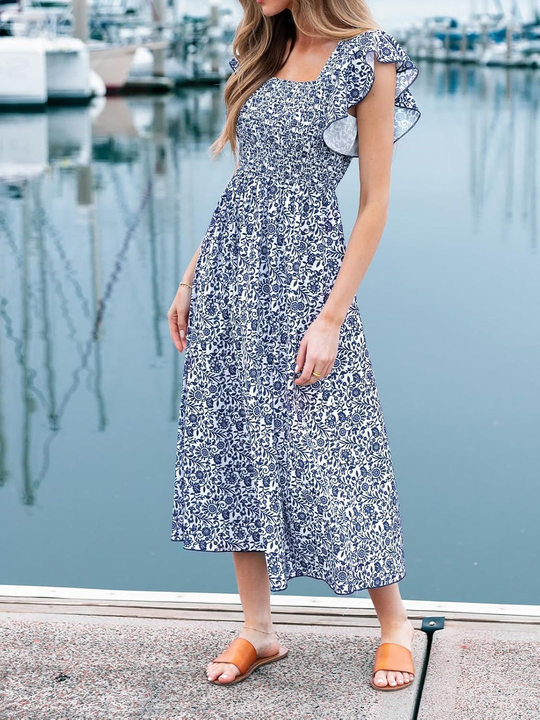 CUPSHE Damen Sommerkleid Quadratischer Ausschnitt Volantärmel Nadelstreifen A Linie Gesmoktes Maxikl