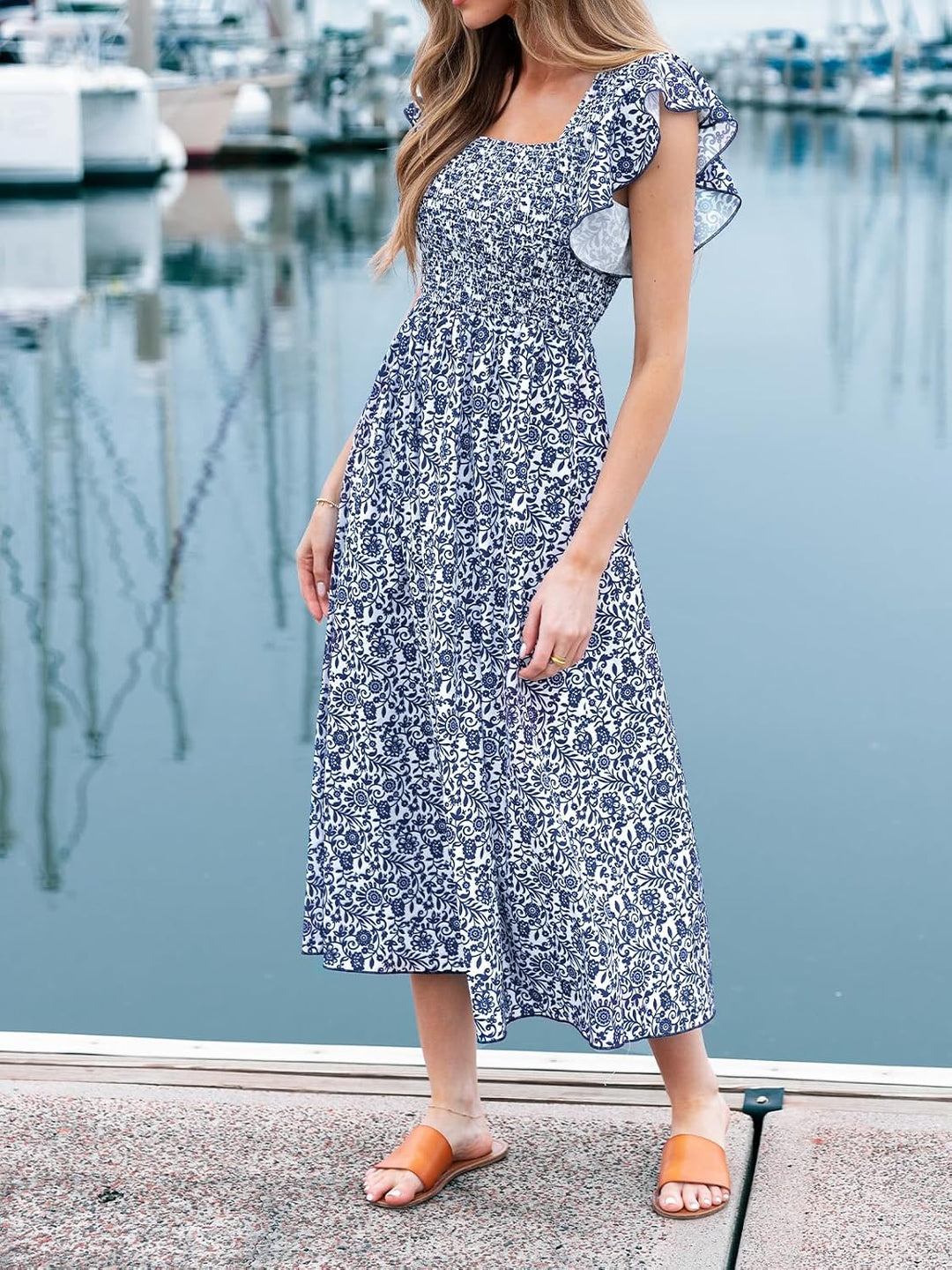 CUPSHE Damen Sommerkleid Quadratischer Ausschnitt Volantärmel Nadelstreifen A Linie Gesmoktes Maxikl