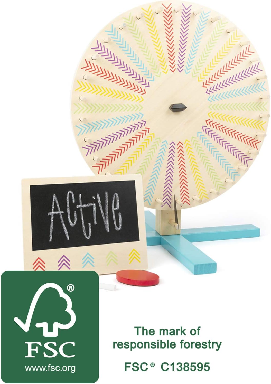 small foot 11371 Glücksrad "Active" aus Holz, FSC® 100%-Zertifiziert, mit kleiner Tafel für die Team