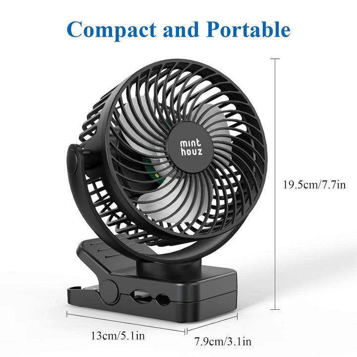 Minthouz USB Tischventilator leise mit 12000mAh Ventilator Akku – Tragbarer Clip-Ventilator mit Fern