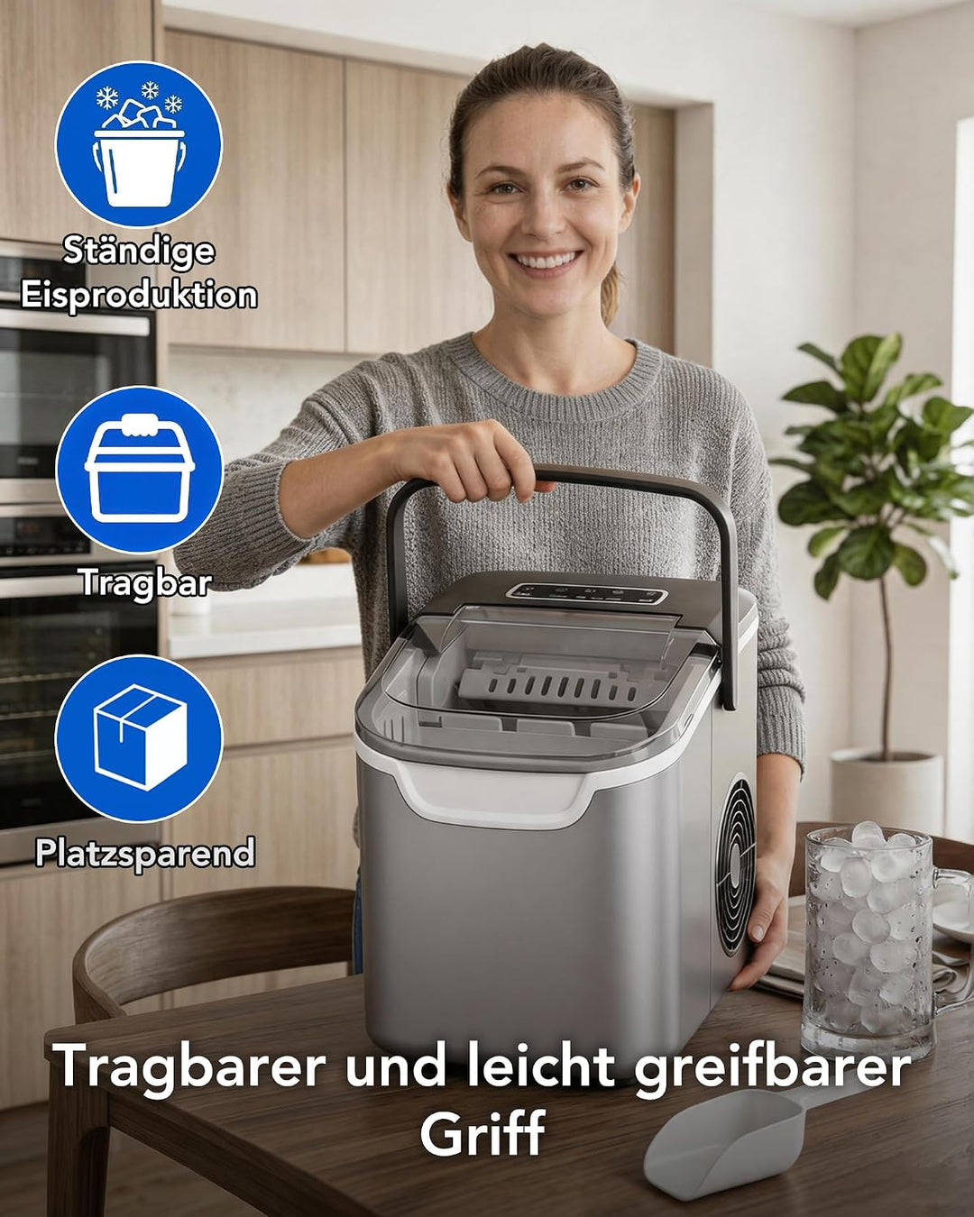 Kismile Eiswürfelmaschine, Eis in 6 Min, 11,8 kg 24 Stunden, Zwei Eisgrössen, mit Tragegriff, Ein-Kn