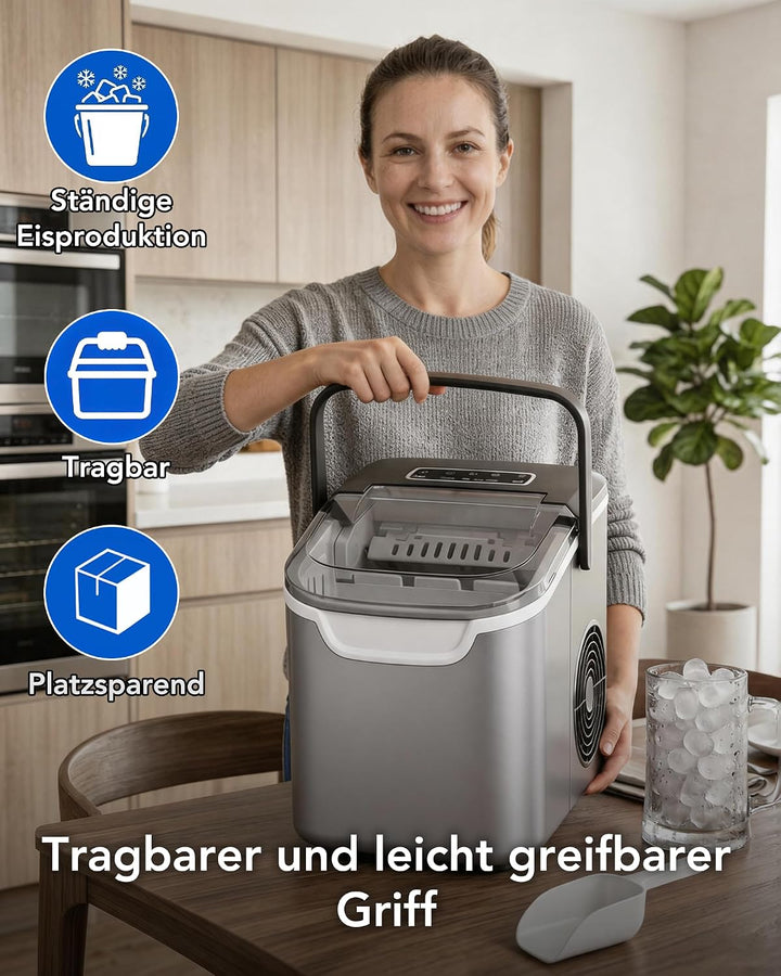 Kismile Eiswürfelmaschine, Eis in 6 Min, 11,8 kg 24 Stunden, Zwei Eisgrössen, mit Tragegriff, Ein-Kn