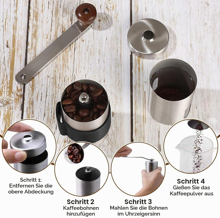 Kaffeemühle Manuell, Keramikmahlwerk Verstellbarer Mahlgradeinstellung 304 Edelstahl, Mini Hand Kaff