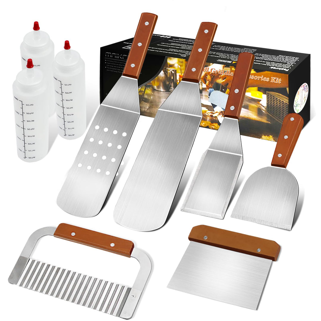 MAIKEHIGH Grillspachtel Plancha Kit Edelstahl Grillbesteck - 9 Stück Schwerer Edelstahl Pfannenwende