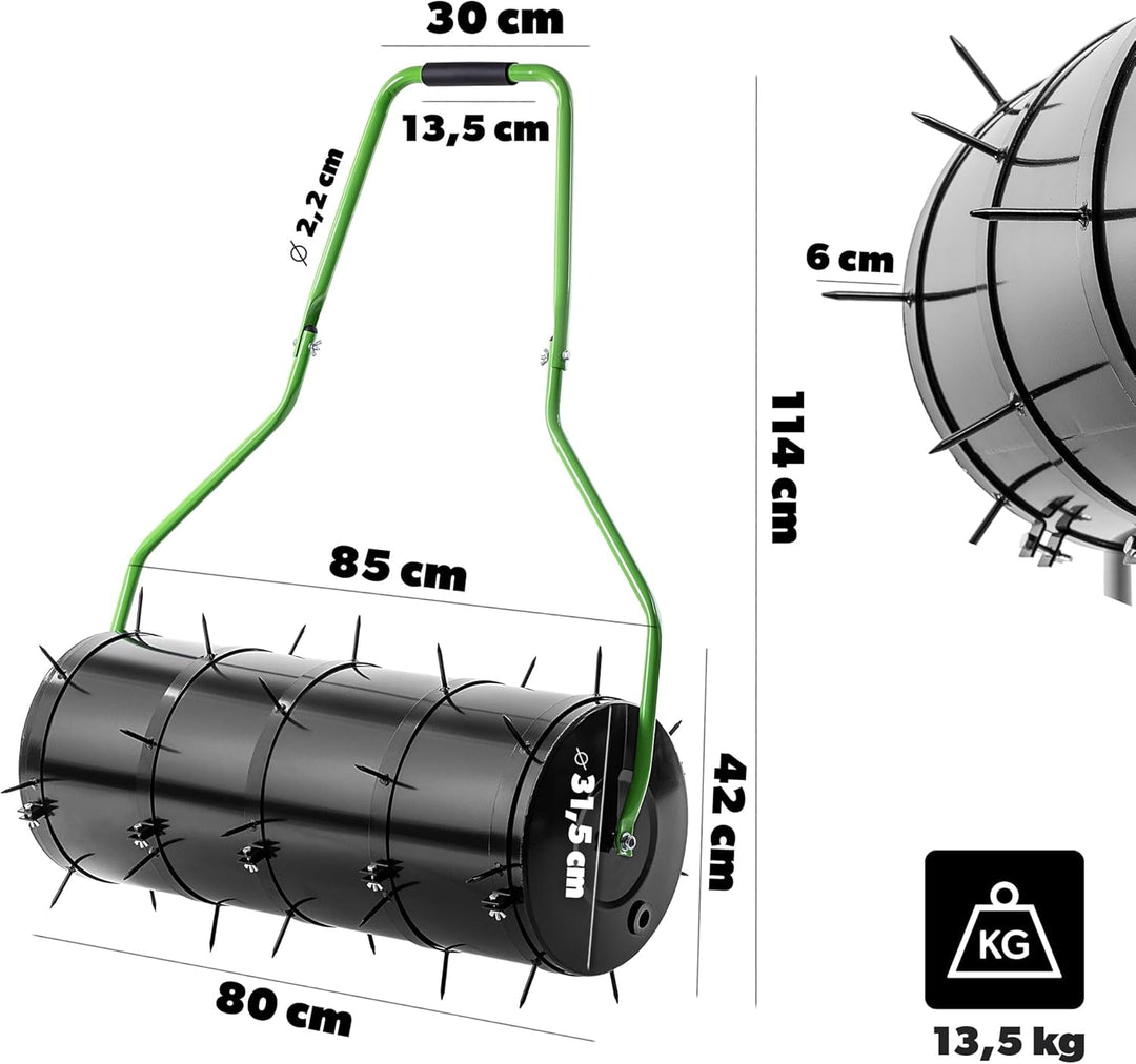 KADAX Rasenlüfter Walze 80 cm, Befüllbar mit Wasser oder Sand, Rasenwalze mit 6 cm Nägeln, Rasenbelü