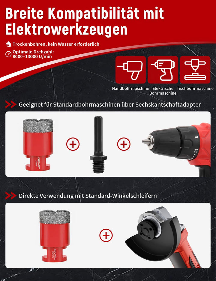 M14 Fliesenbohrer Diamantbohrer Set 8tlg - ø 6/8/10/12/35/50/68mm inkl. Adapter für Winkelschleifer,