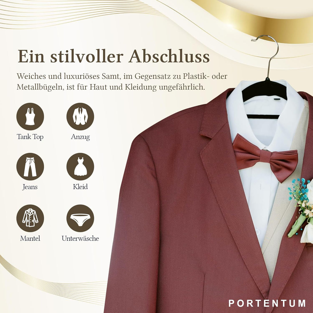 PORTENTUM Kleiderbügel aus Samt, 50 Stück, Schwarz. Zubehörhalter, 360º Drehbarer Haken, Platzsparen