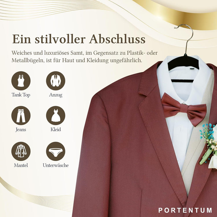 PORTENTUM Kleiderbügel aus Samt, 50 Stück, Schwarz. Zubehörhalter, 360º Drehbarer Haken, Platzsparen