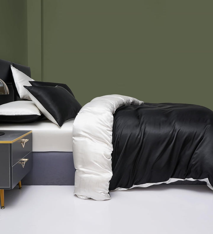 YASMENG Satin Bettwäsche 135x200 Schwarz Weiss Wendebettwäsche Set Modern Deluxe Elegant Bettbezug S