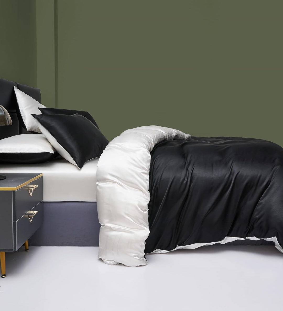 YASMENG Bettwäsche 200x200 Satin Schwarz Weiss Wendebettwäsche Set Elegant Luxus Modern Bettbezug Se