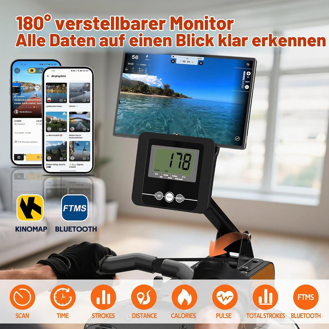 Rudergerät für Zuhause Klappbar: Bluetooth Rudergerät Wasser mit Verstellbarem Tablethalter - 98% Vo