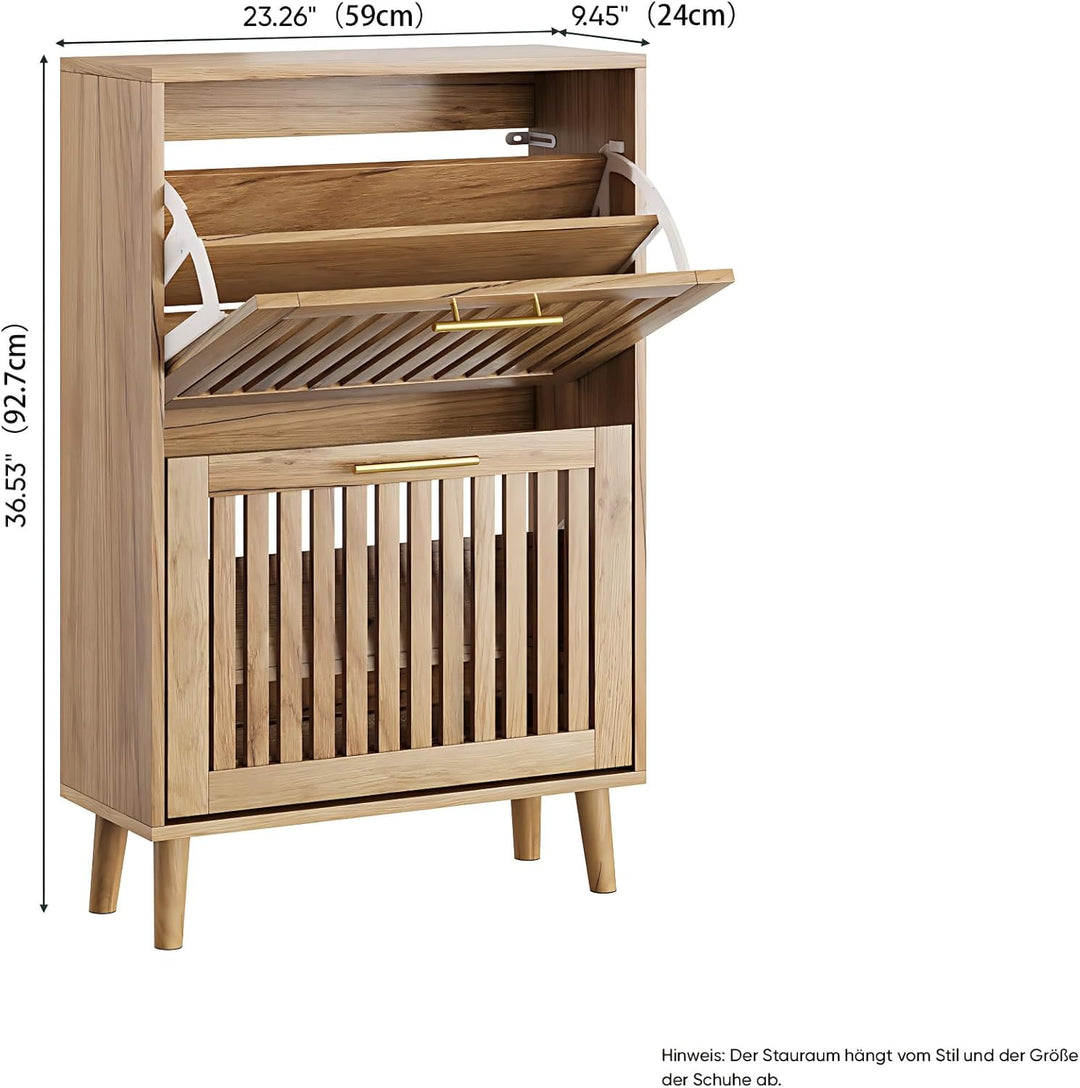 Schuhschrank mit 2 klappbaren Lattenschubladen, schmaler Schuhschrank aus Holz mit goldfarbenem Grif