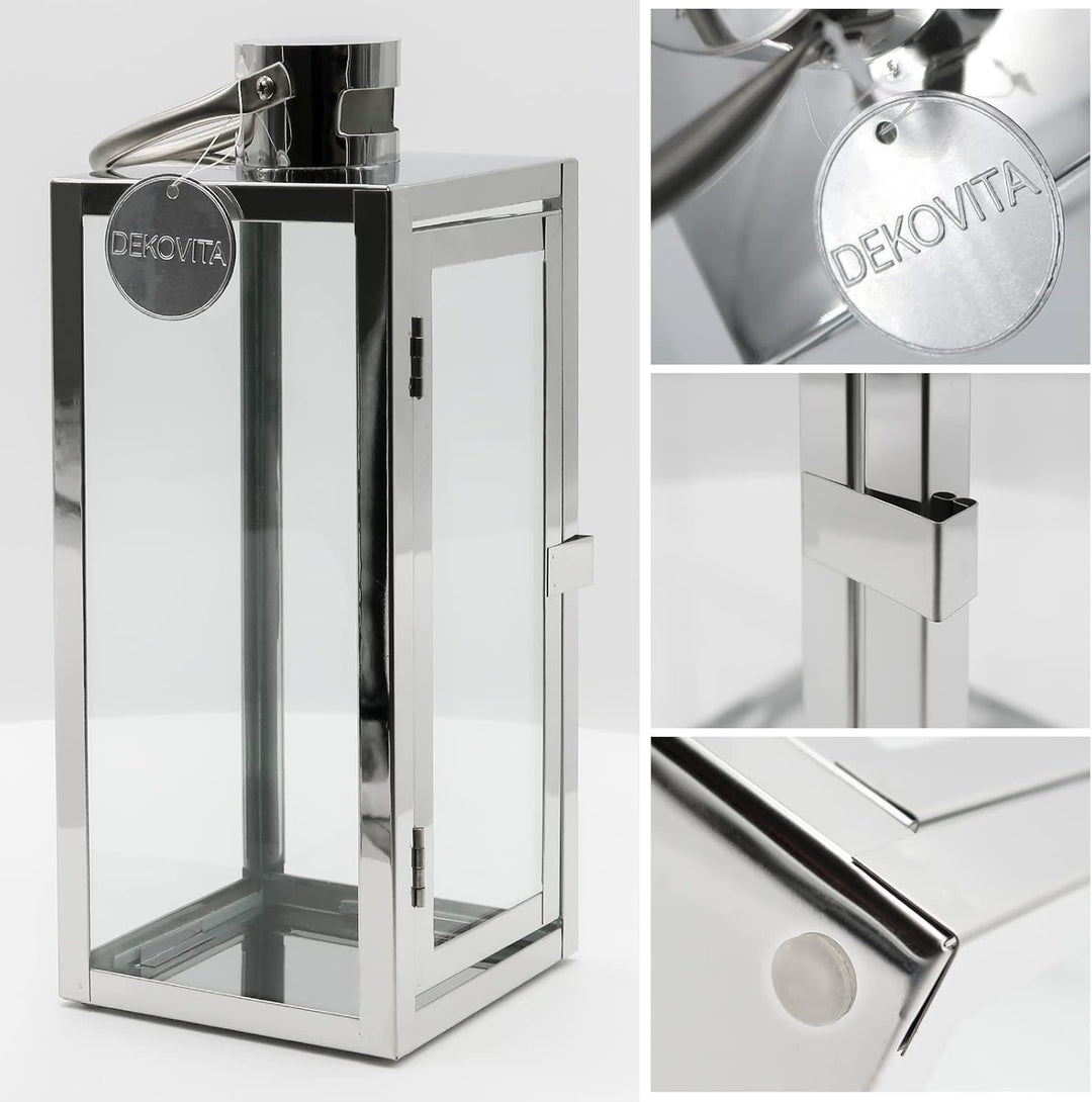 Dekovita 30cm Laterne aus Edelstahl - Gartenlaterne mit Glas-Scheiben und Henkel - Metall Deko-Later