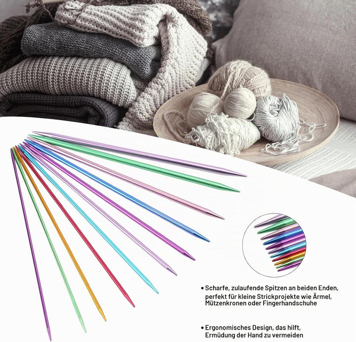 01 02 015, 55 Stück Farbiges, Gerades, Doppelspitziges Metall-Stricknadel-Set in Verschiedenen Gröss