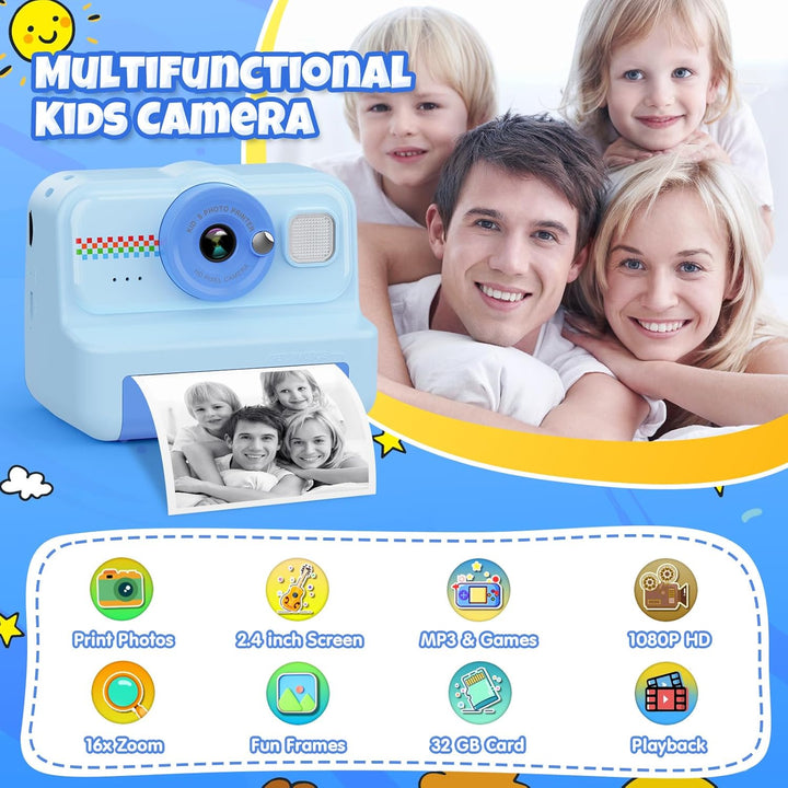 HiMont Kinderkamera Sofortbildkamera, 1080P Sofortbildkamera Kinder mit 32GB Karte & 3 Rollen Druckp