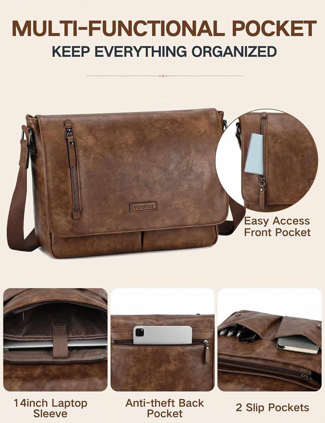 VX VONXURY Umhängetasche Herren und Damen, Vegan Leder 14 Zoll Laptoptasche Messenger Bag Arbeitstas
